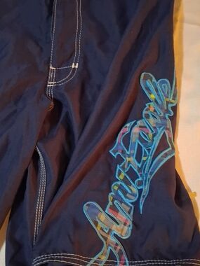 American Eagle Outfitters Navy Blue Swim Trunks with Multicolor Script 32 260869